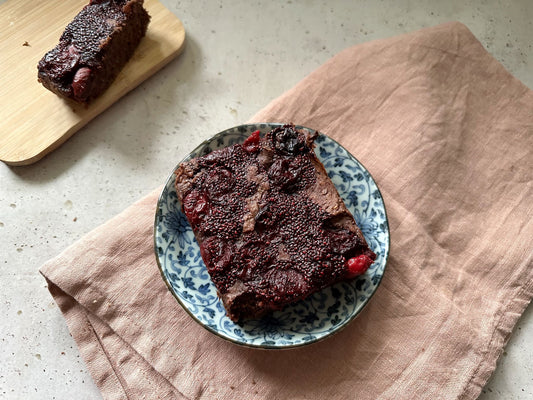 Fudgy Almond Brownies topped with Cherry Chia Jam